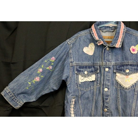 OshKosh B'Gosh Girls Sz 6 Denim Jean Jacket Customize Floral Patches HandPainted - Picture 2 of 12
